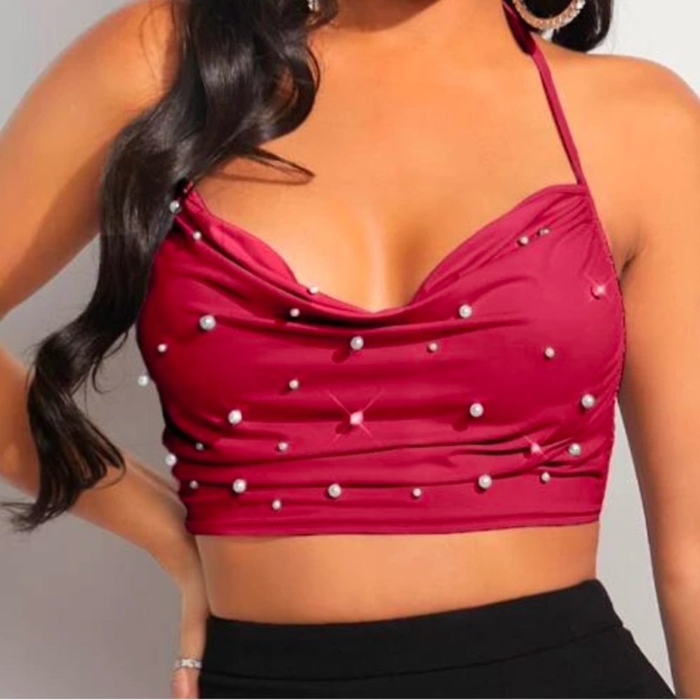 Elegant Red Pearl-Embellished Women's Top